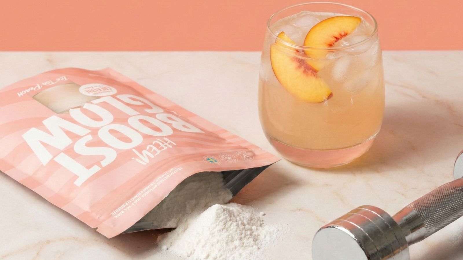 Vegansk kreatin Boost & Glow Ice Tea Peach — påse, drink och pulver, daglig kreatin-dos 3-5 g