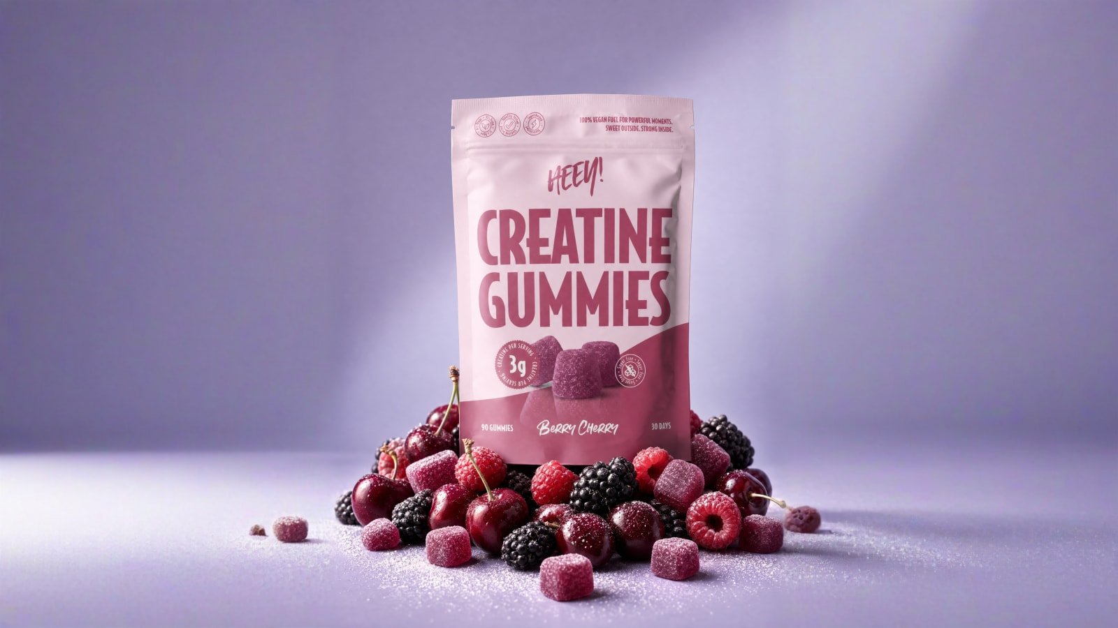 Heey! Creatine Gummies Berry Cherry, sockerfria veganska kreatin gummies med 3 g kreatin per dos