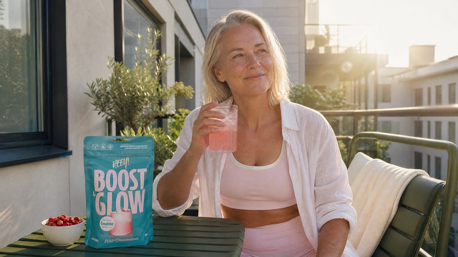 Heey! Boost & Glow kreatin med citronvatten och hantel, veganskt kreatin för kvinnor i klimakteriet