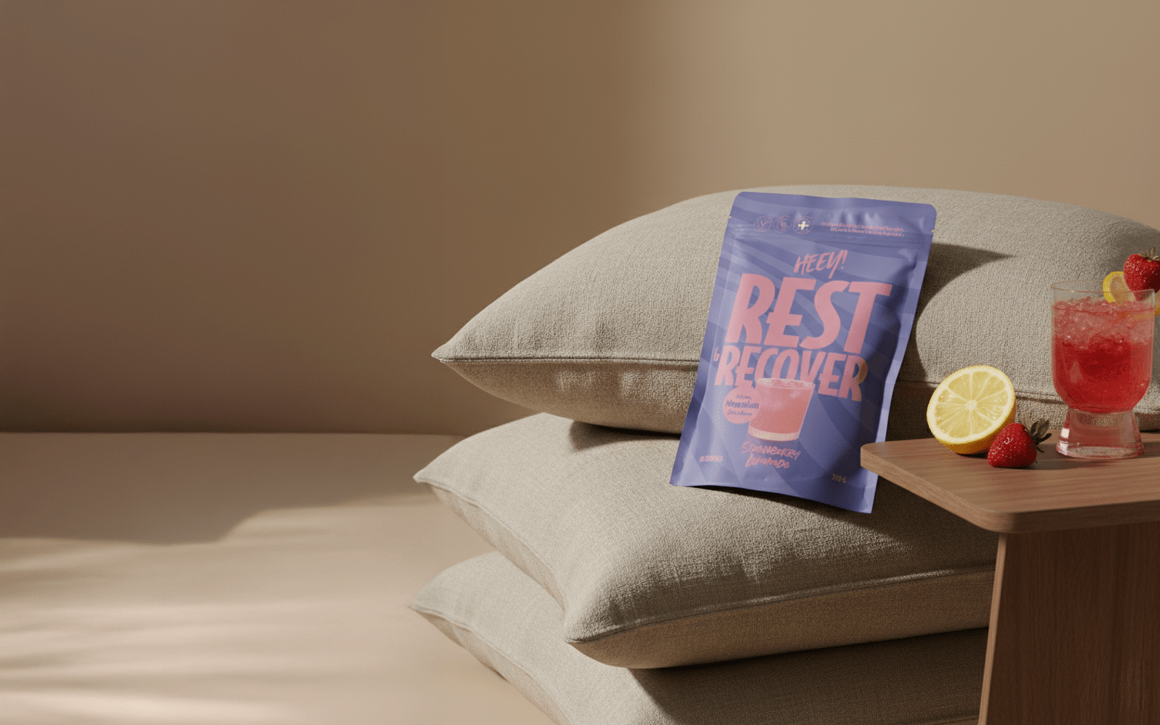 Heey! Rest & Recover magnesium på linnekuddar i morgonljus, vegansk magnesium glycinat-blend för sömn och återhämtning