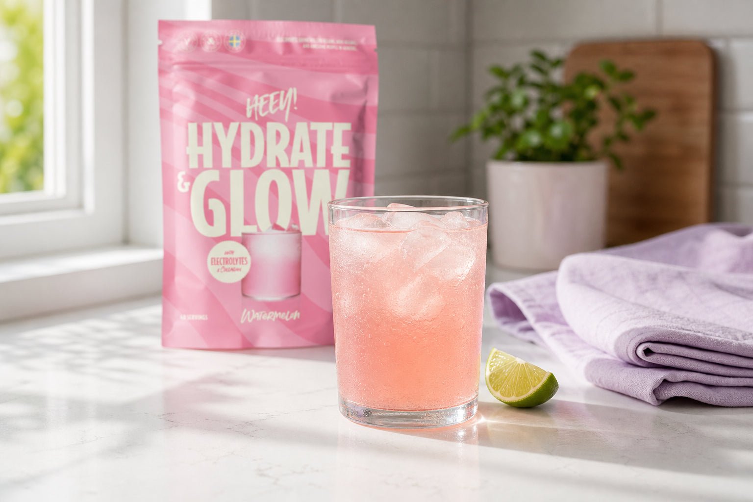 Vegansk vätskeersättning, Heey! Hydrate elektrolytpulver löst i ett glas vatten på morgonen, daglig hydrering utan tillsatt socker