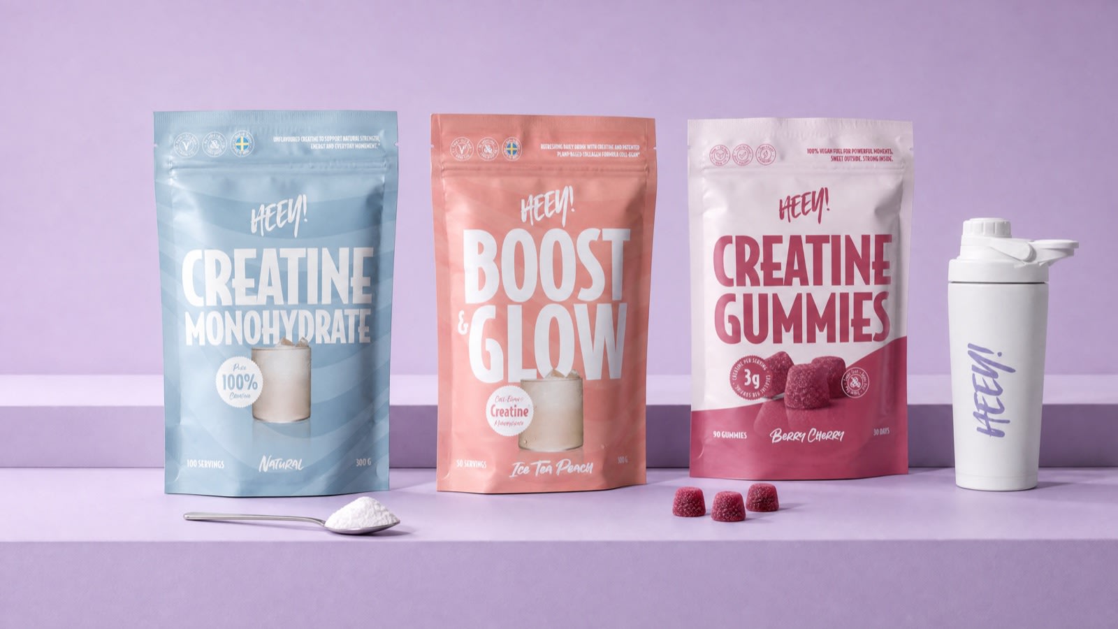 Tre sorters kreatin från Heey!: Creatine Monohydrate Natural, Boost & Glow Ice Tea Peach och Creatine Gummies Berry Cherry