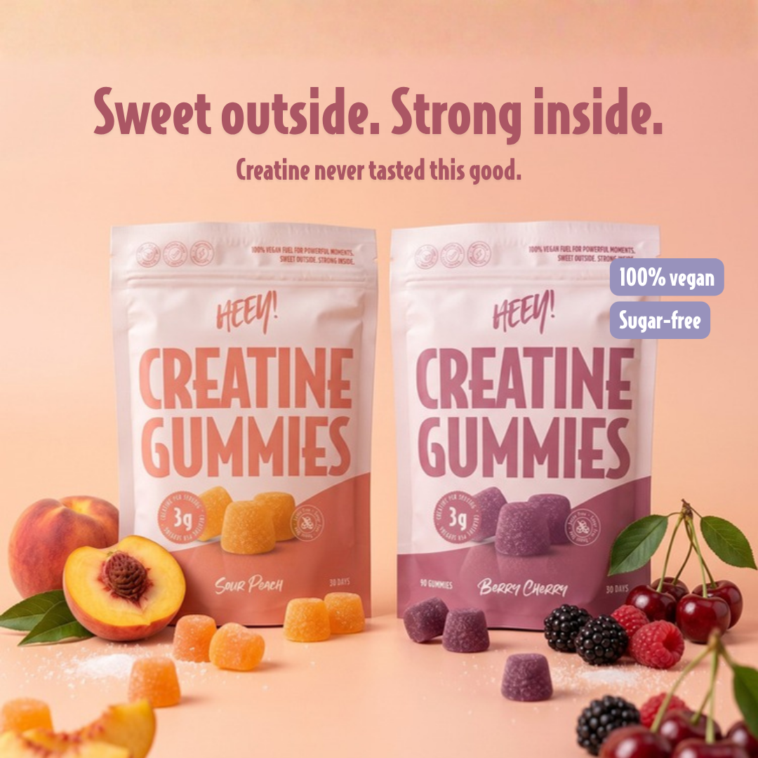 Heey! Creatine Gummies - Sour Peach och Berry Cherry, sockerfria veganska kreatin-gummies