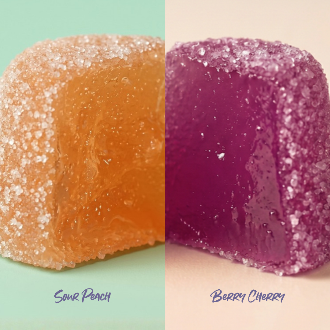 Heey! Creatine Gummies - Sour Peach och Berry Cherry, tva smaker sida vid sida