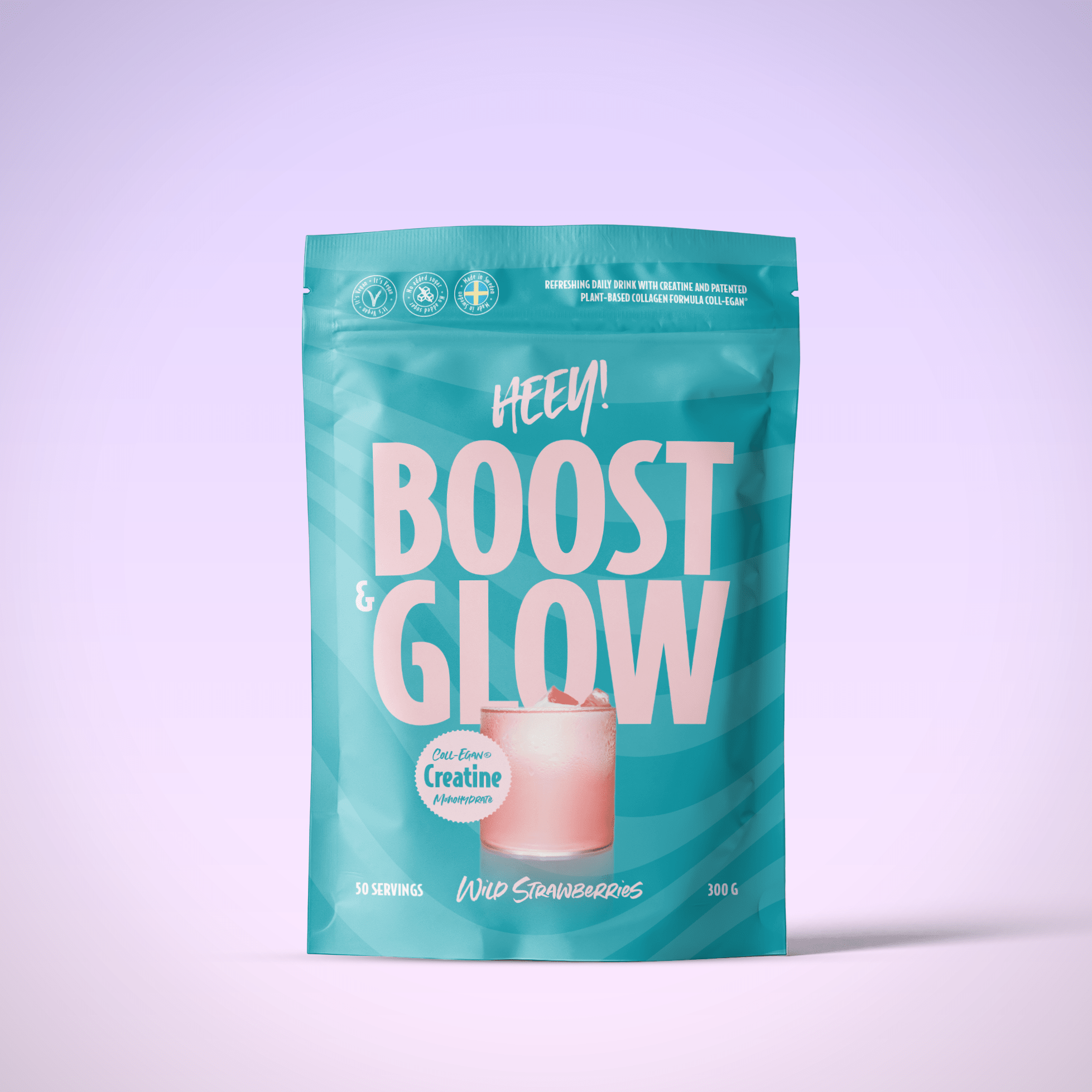 Heey! Boost & Glow Kreatin Monohydrat Vilda Jordgubbar - med veganskt kollagen