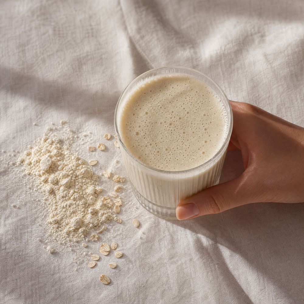 Creamy Heey! Protein & Biotics vanilla shake in a glass on linen